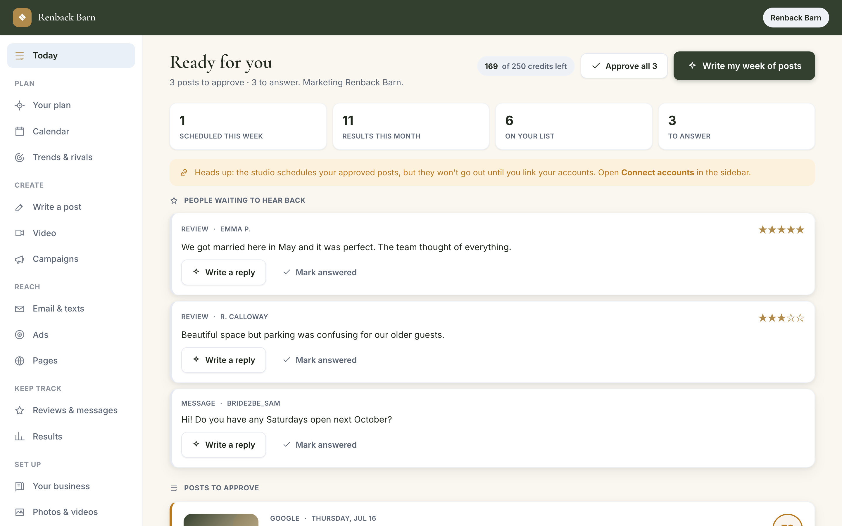 The Oikos Marketing approval queue: scored posts waiting for a yes