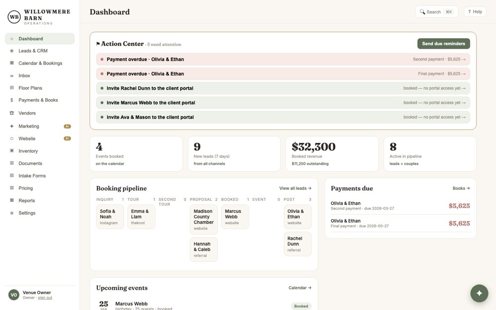 The Oikos Venue dashboard: action center, booking pipeline, payments due and upcoming events